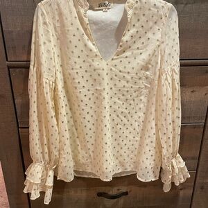 Listicle Cream‎ with Gold Polka Dot Women's Ruffle Sleeve Blouse, Size Small